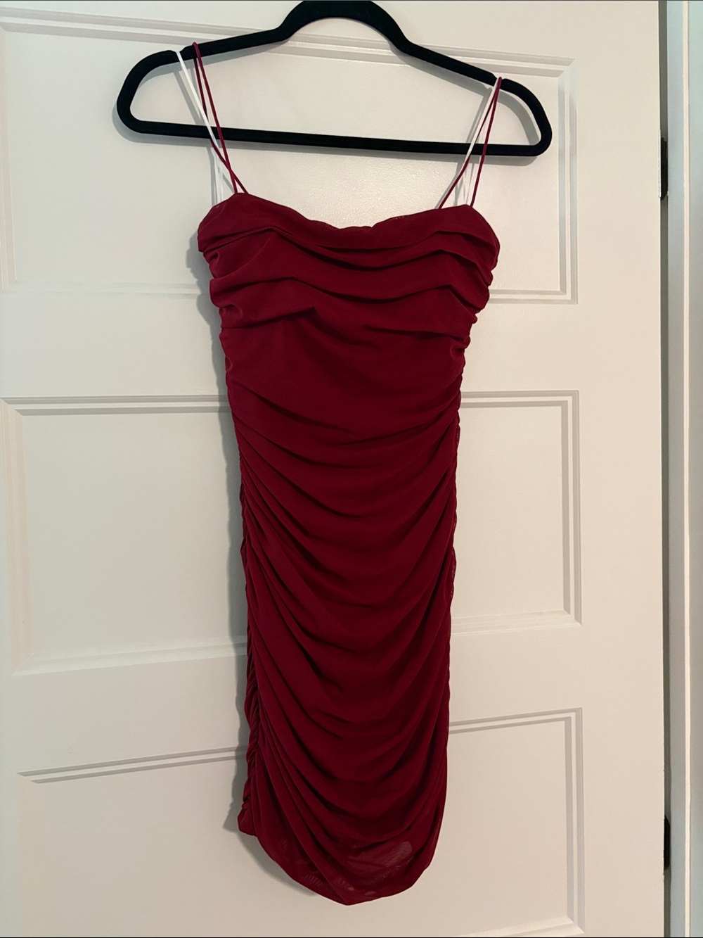 Princess Polly Wine Ruched Spaghetti-Strap Mini Dress
